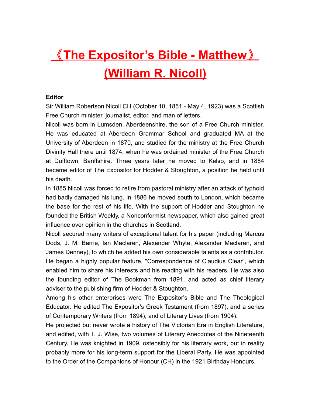 The Expositor S Bible - Matthew (William R. Nicoll)