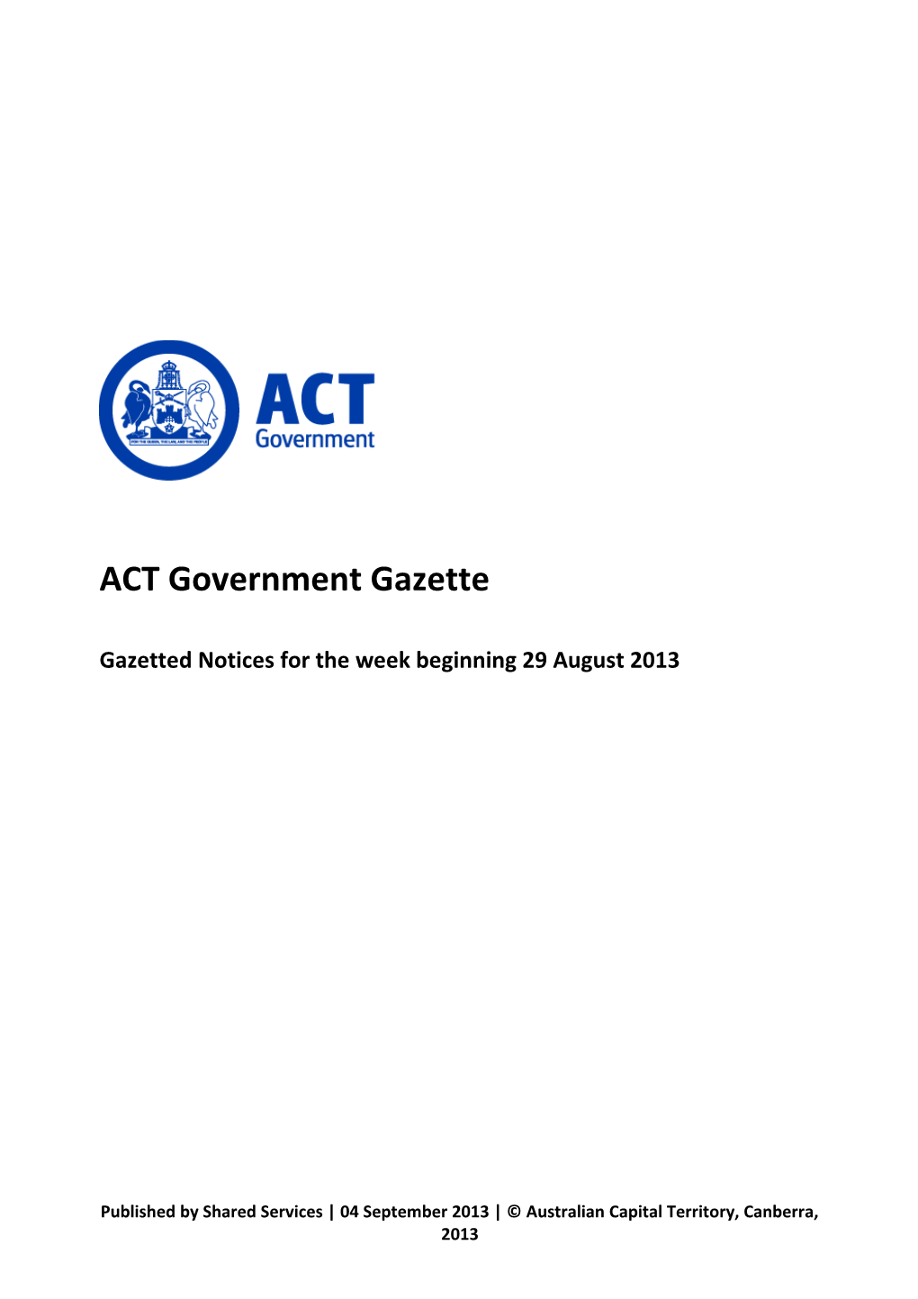 ACT Government Gazette 5 Sep 2013