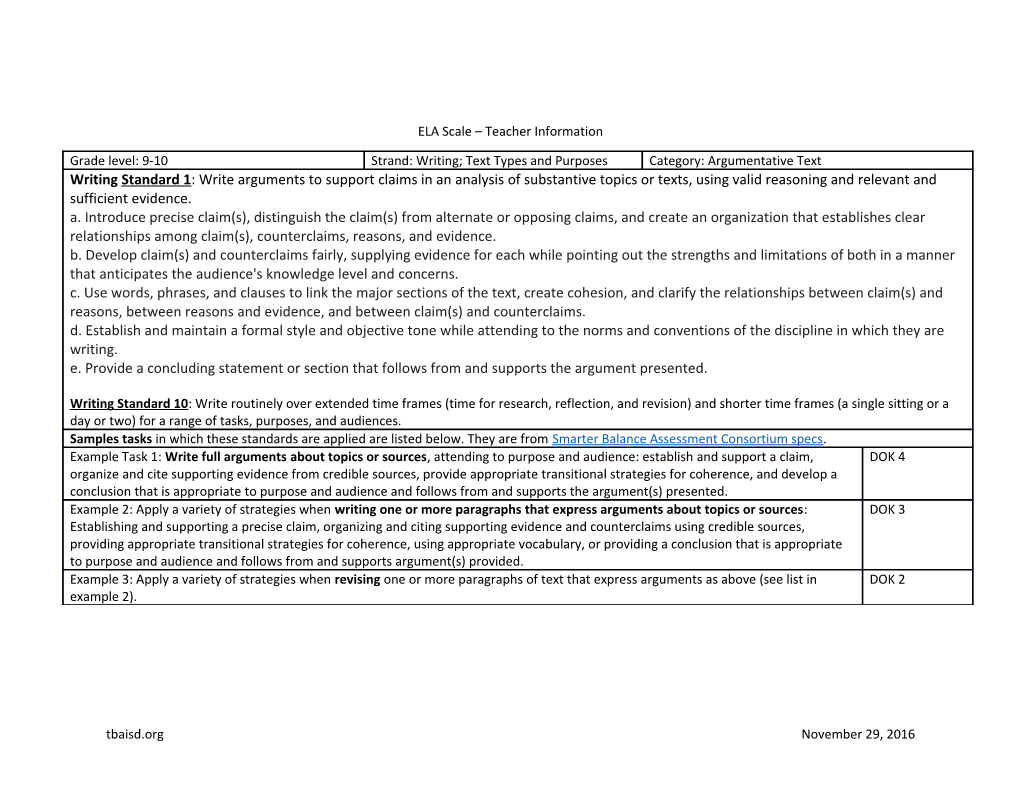 ELA Student Scale: Grade 9-10 Argument Writing Standard 1