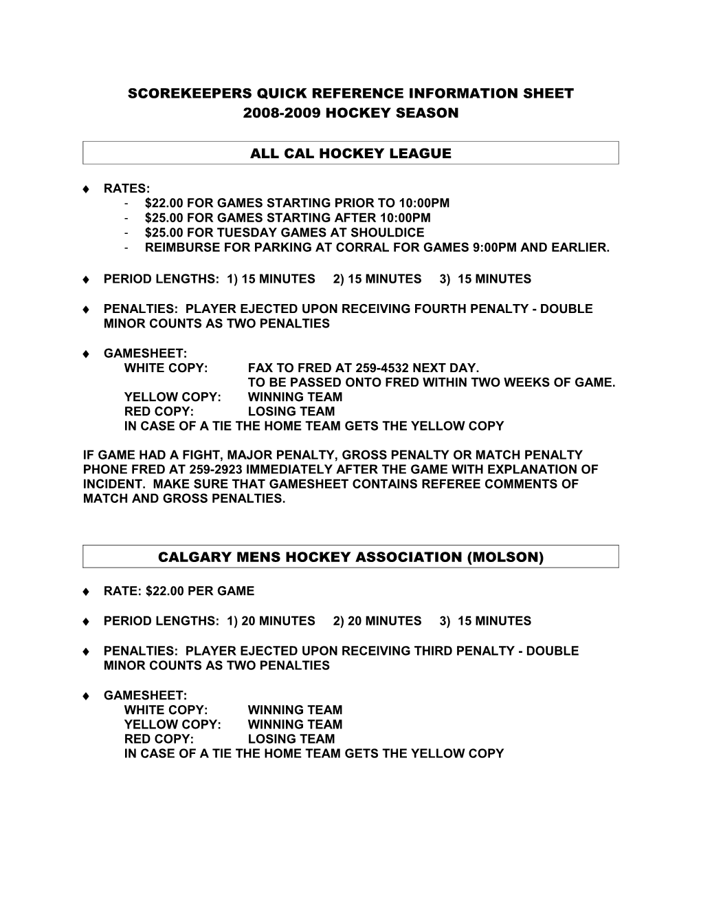 Scorekeepers Quick Reference Information Sheet