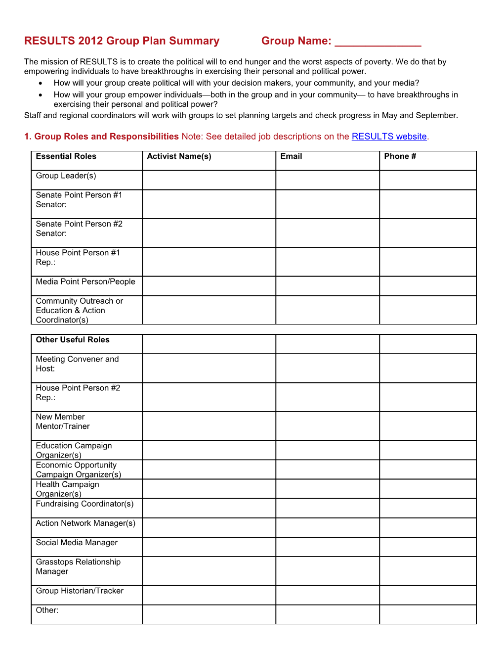 RESULTS Group Planning Summary