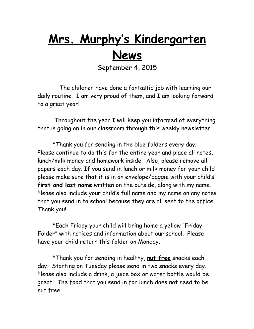Mrs. Murphy S Kindergarten News