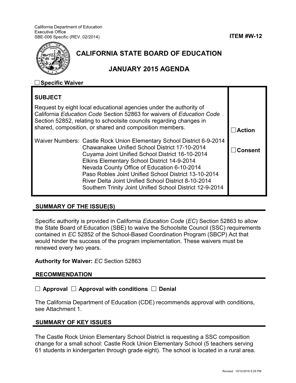 January 2015 Waiver Item W-12 - Meeting Agendas (CA State Board of Education)