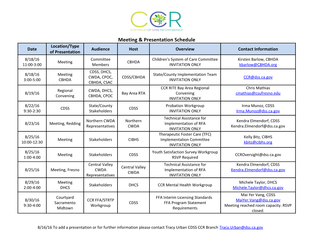 8/16/16 to Add a Presentation Or for Further Information Please Contact Tracy Urban CDSS