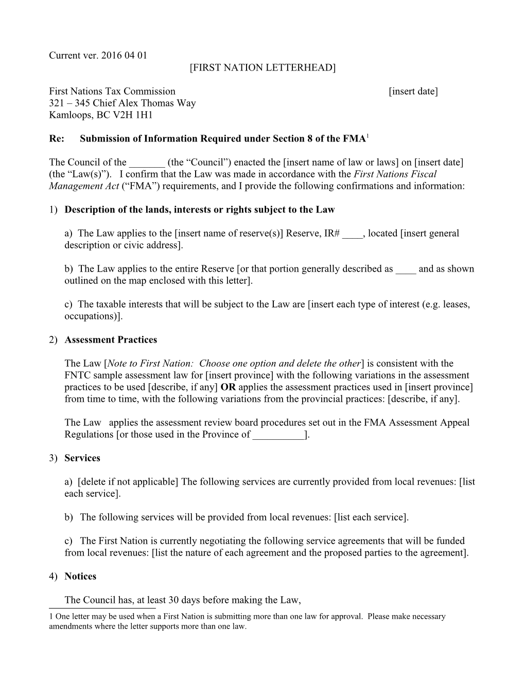 Sample Letter Re: Submission of Information Required Under Section 8 of the FMA