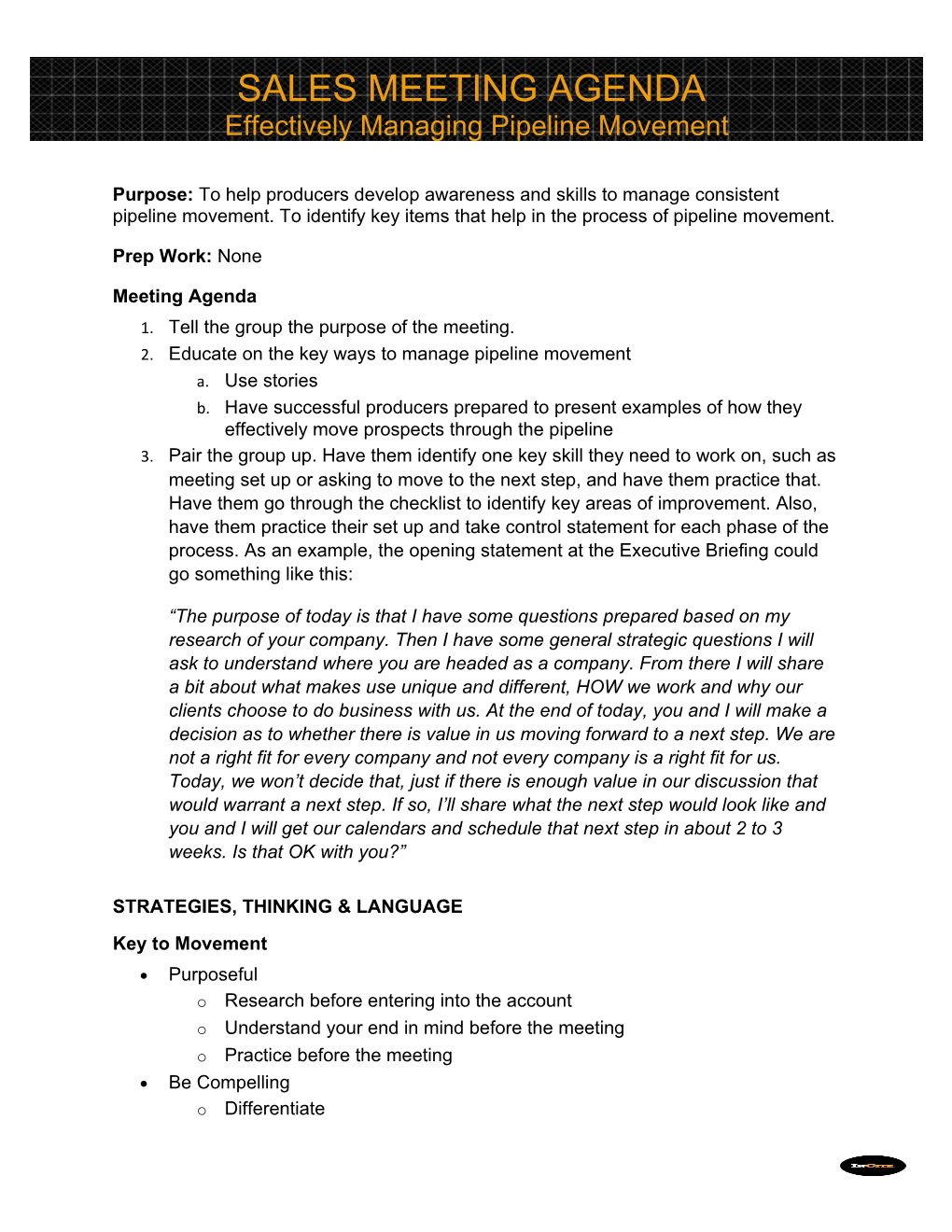 SALES MEETING AGENDA Effectively Managing Pipeline Movement