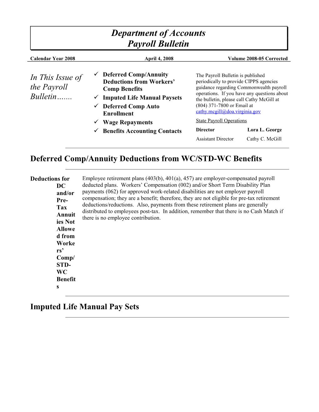 Deferred Comp/Annuity Deductions from WC/STD-WC Benefits