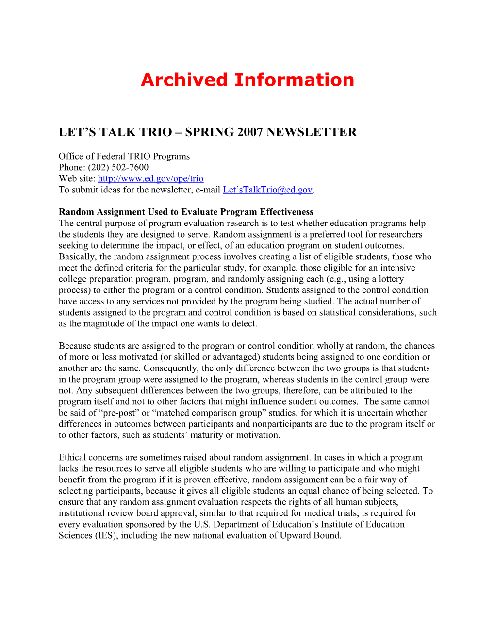 Archived: Let's Talk TRIO Spring 2007 Newsletter (MS Word)