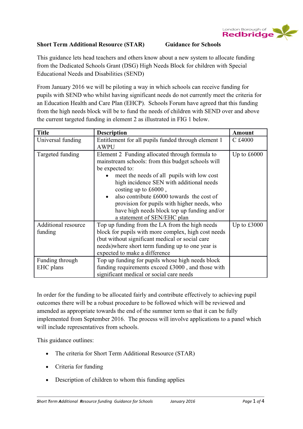 Short Term Additional Resource (STAR) Guidance for Schools