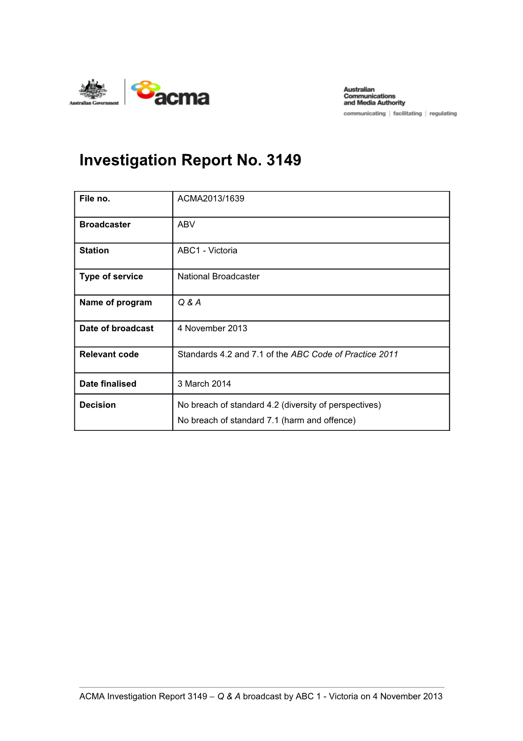 Investigation Report 3149 - ABC1 Victoria