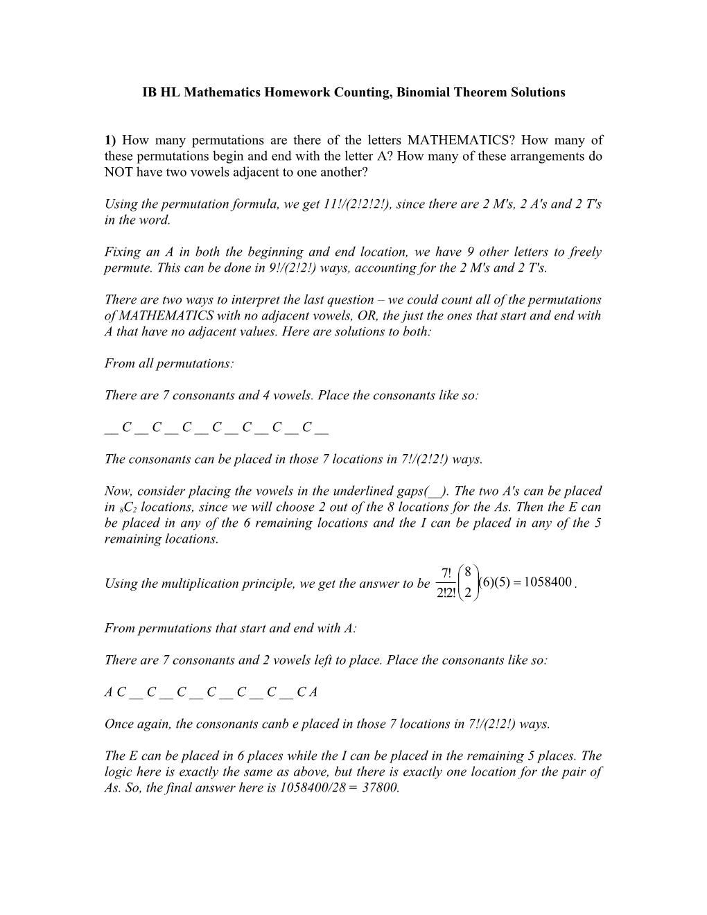 IB HL Mathematics Homework Counting
