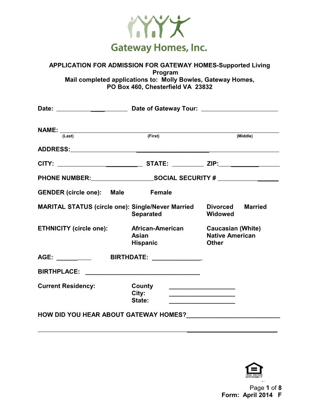 APPLICATION for ADMISSION for GATEWAY HOMES-Supported Living Program