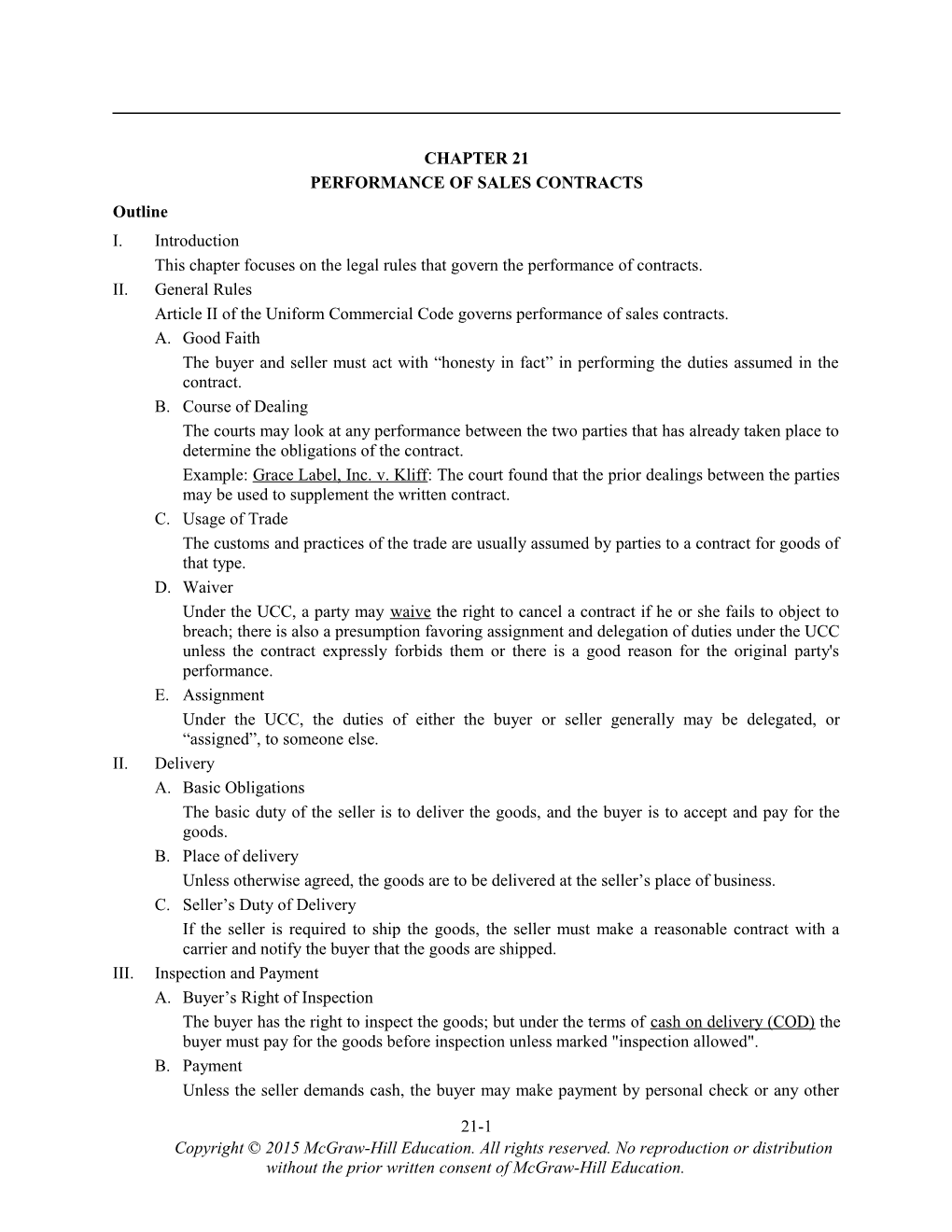 Performance of Sales Contracts