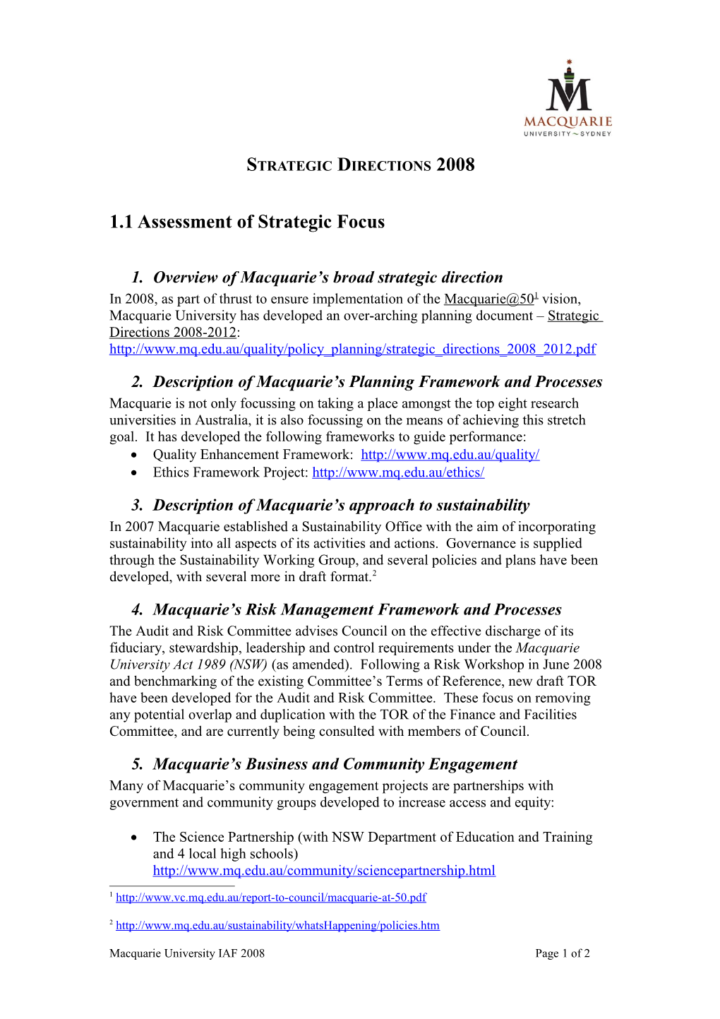 Assessment of Strategic Focus