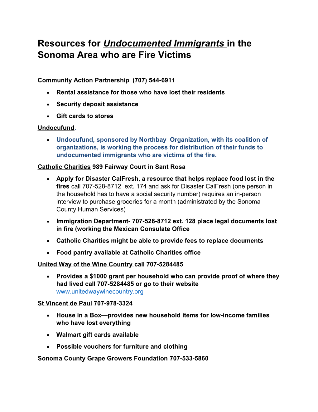 Resources for Undocumented Immigrants in the Sonoma Area Who Are Fire Victims