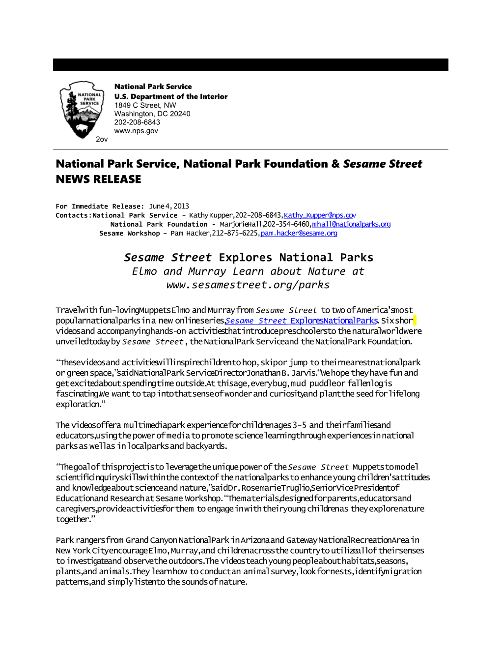 National Park Service, National Park Foundationsesame Streetnews RELEASE