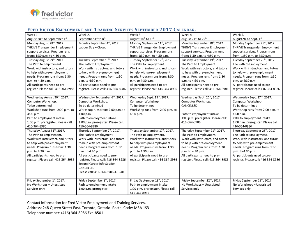 Fred Victor Employment and Training Services September 2017Calendar