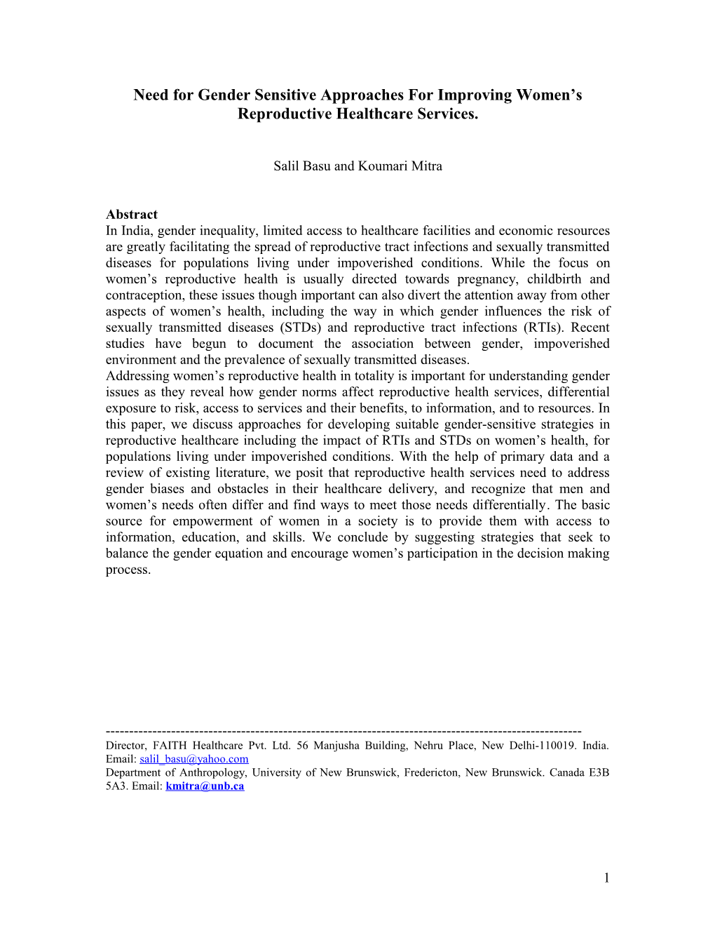 Title: Need for Gender Sensitive Approaches for Improving Women S Reproductive Healthcare