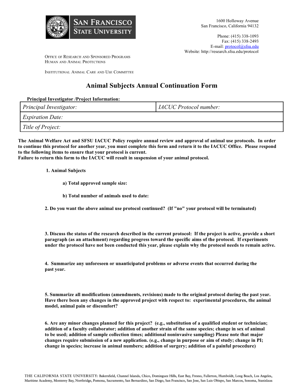 UCSB IACUC Protocol Annual Update Form