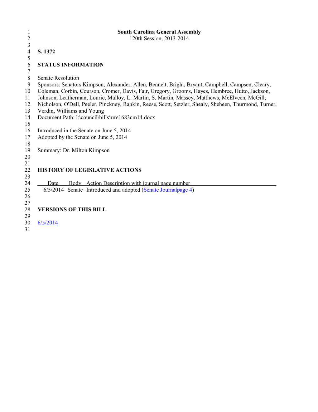 2013-2014 Bill 1372: Dr. Milton Kimpson - South Carolina Legislature Online