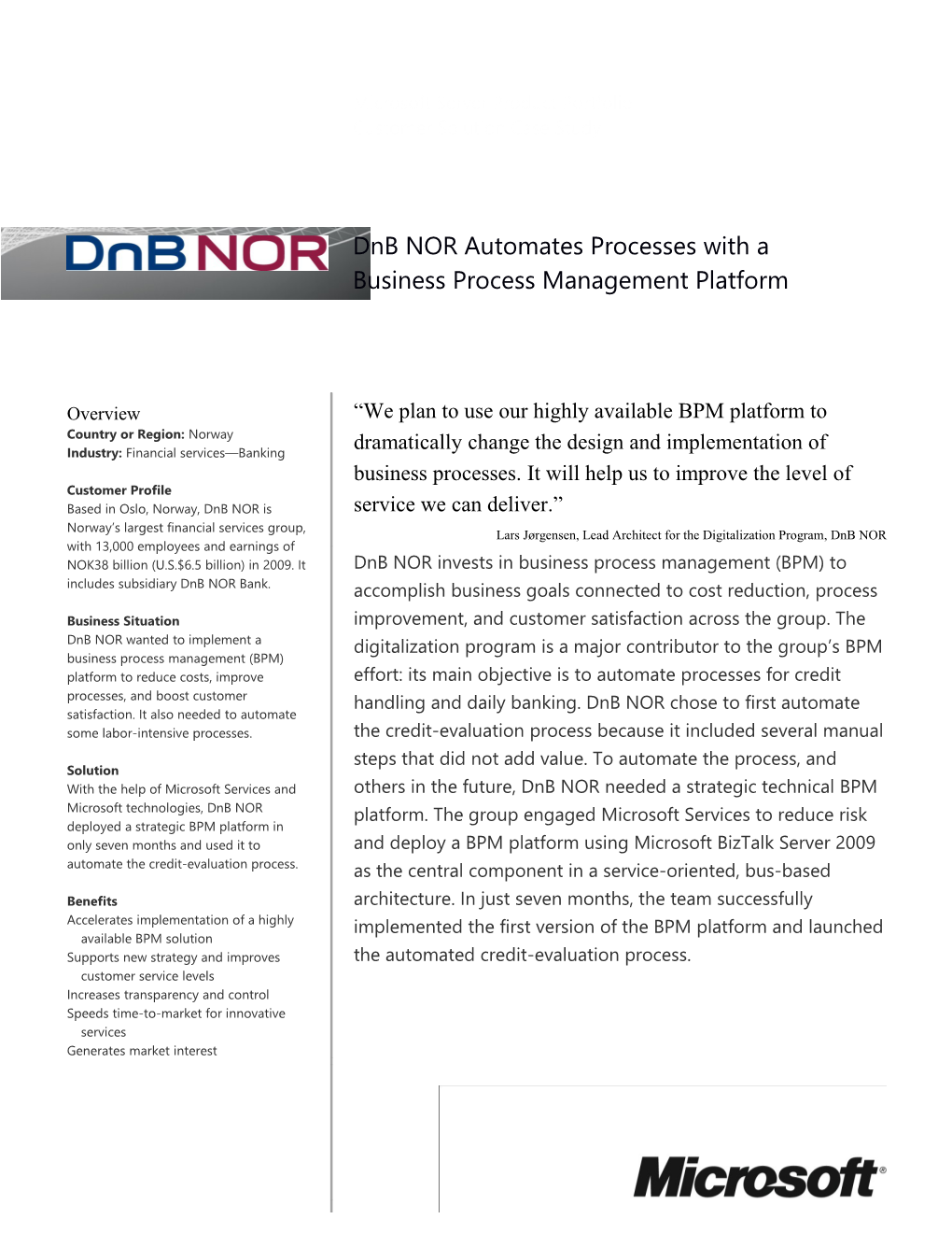 Dnb NOR Automates Processes with a Business Process Management Platform