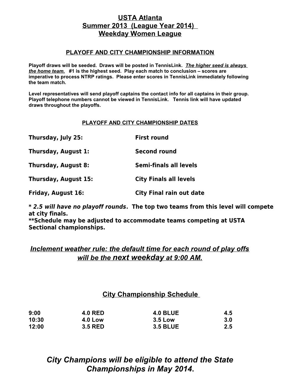 Playoff and City Championship Information