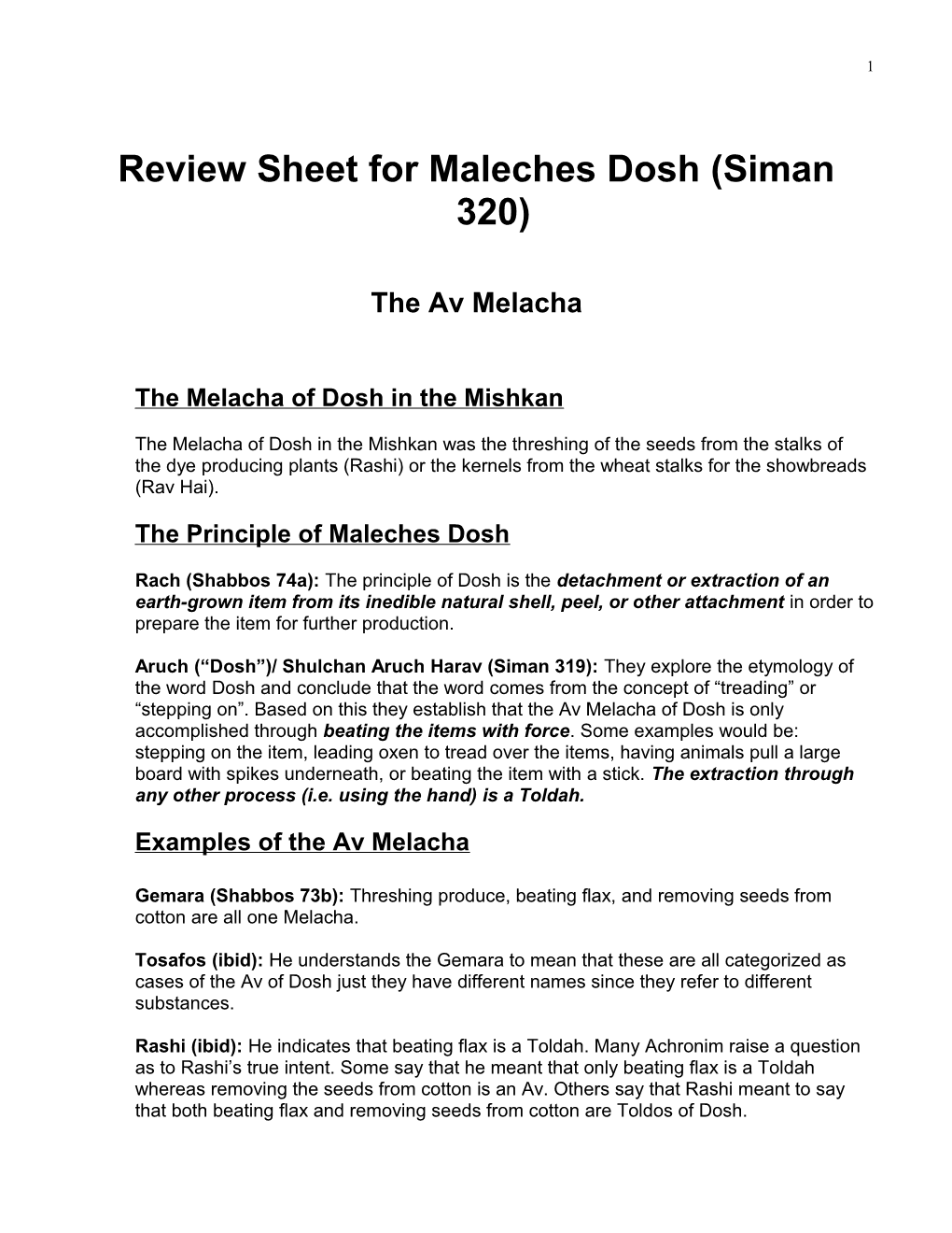 Review Sheet for Maleches Dosh (Siman 320)