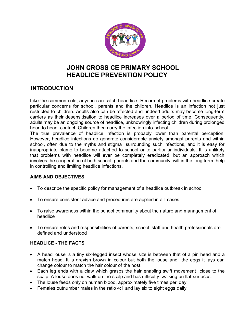 John Cross Ce Primary School Headlice Prevention Policy
