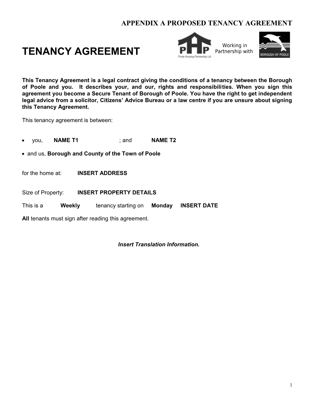 Appendix a Proposed Tenancy Agreement