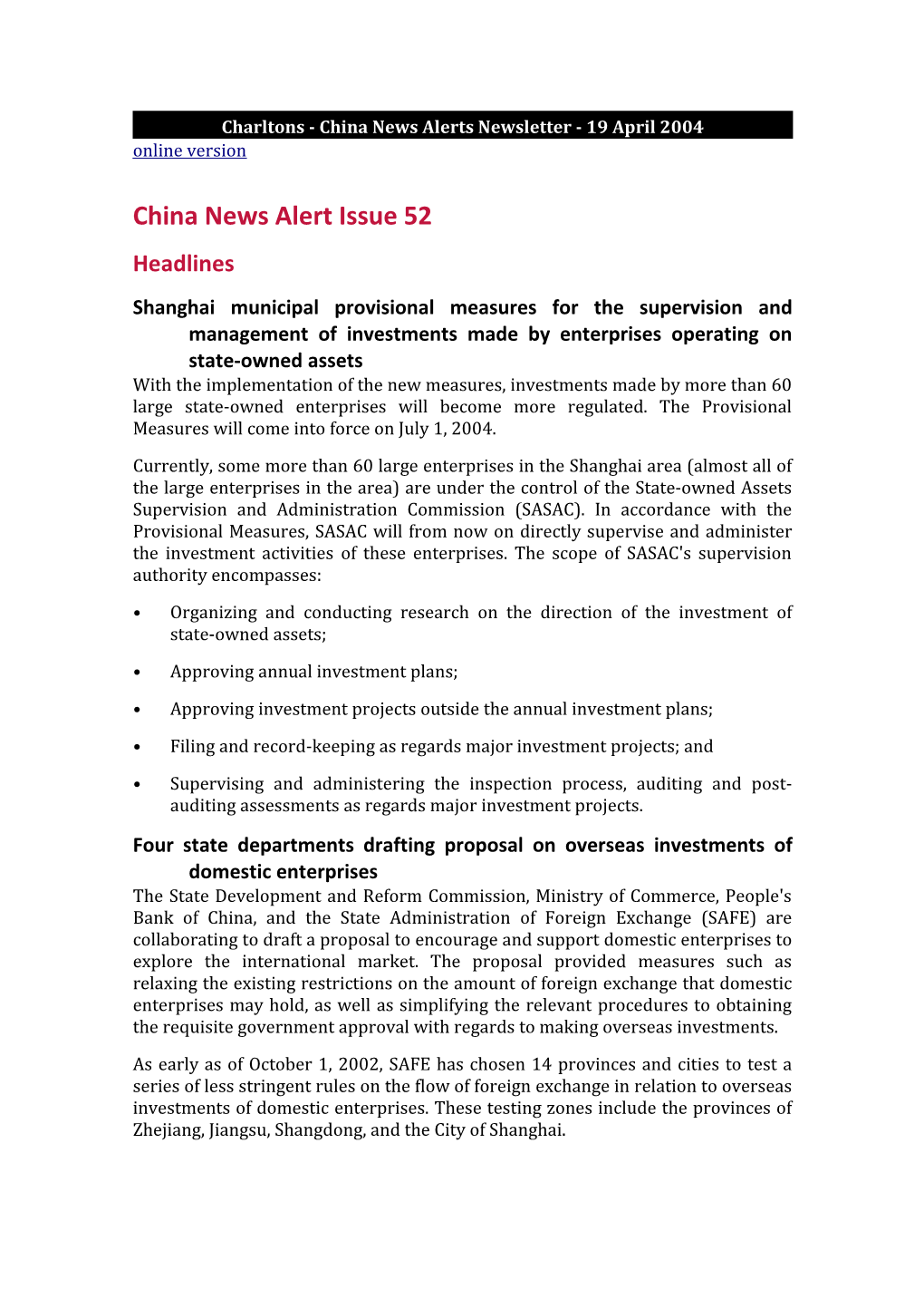 Charltons - China News Alerts Newsletter - 19 April 2004