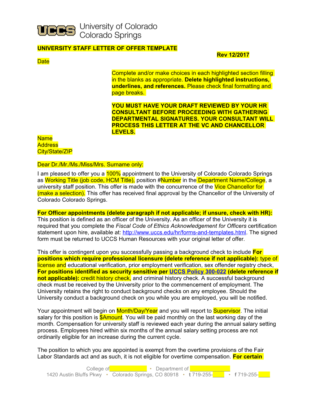 University Staff Letter of Offer Template