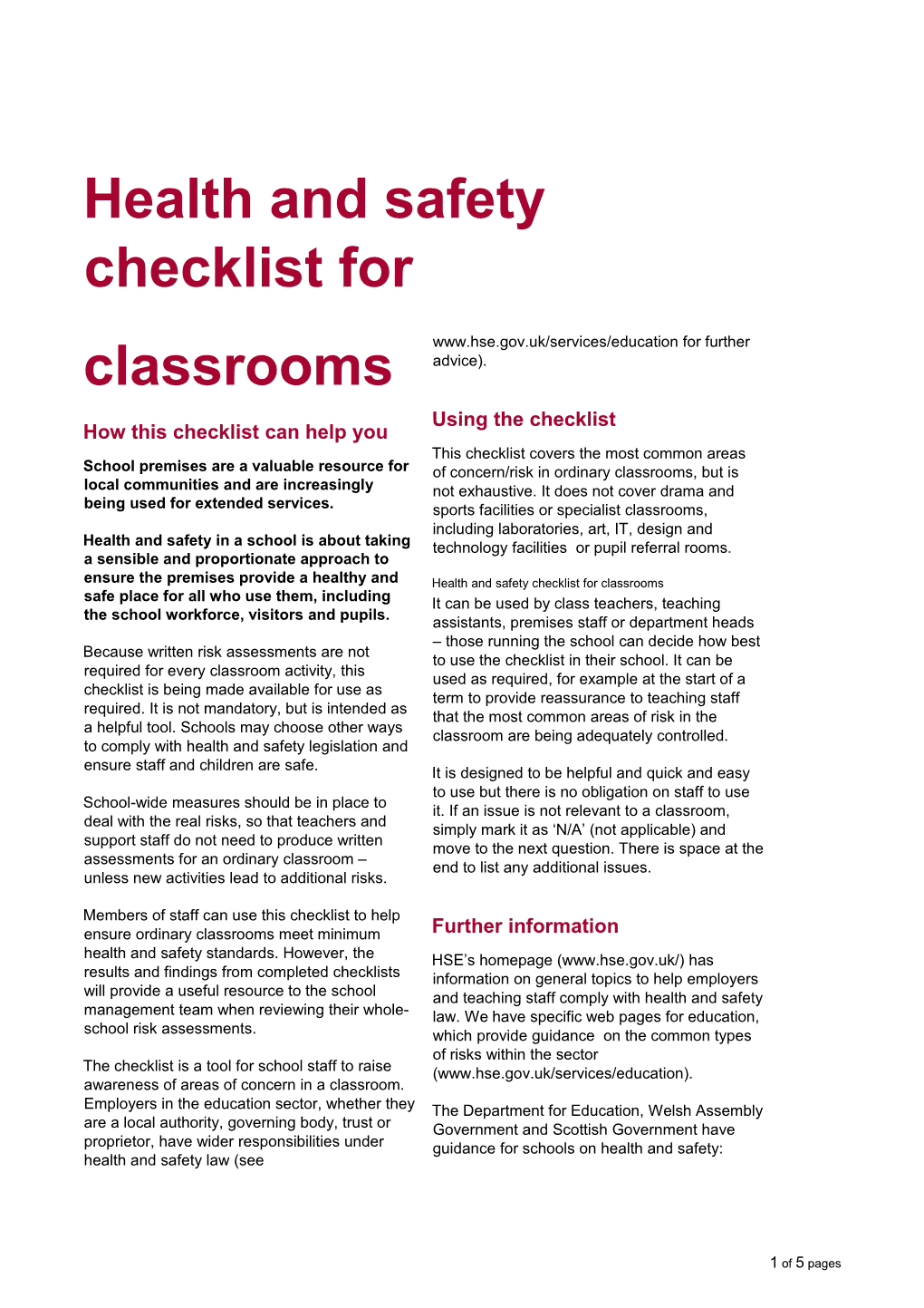 Health and Safety Checklist for Classrooms