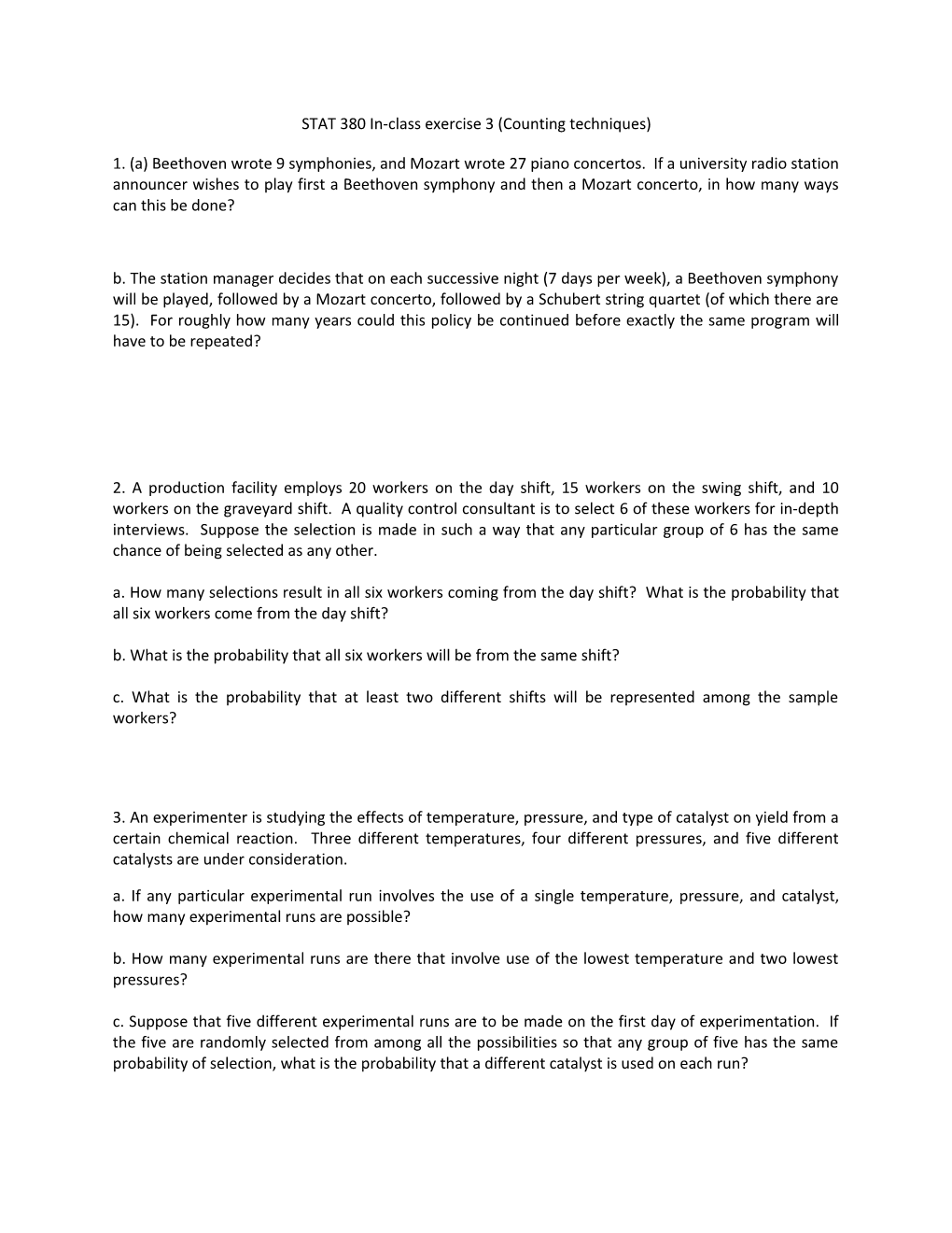 STAT 380 In-Class Exercise 3 (Counting Techniques)