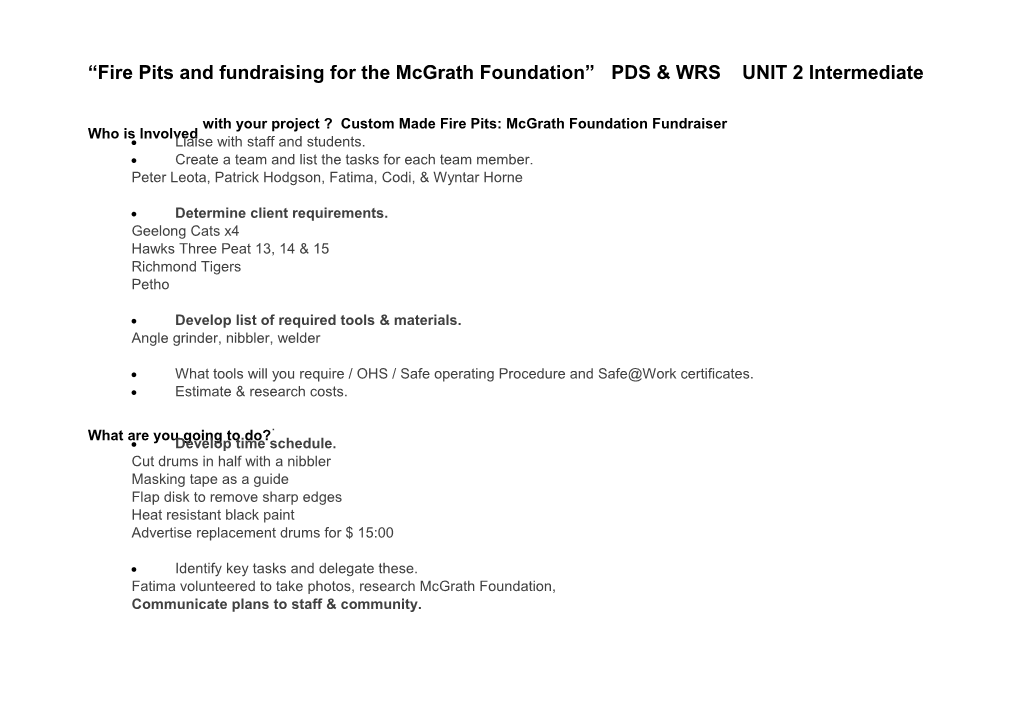 Fire Pits and Fundraising for the Mcgrath Foundation PDS & WRSUNIT 2 Intermediate