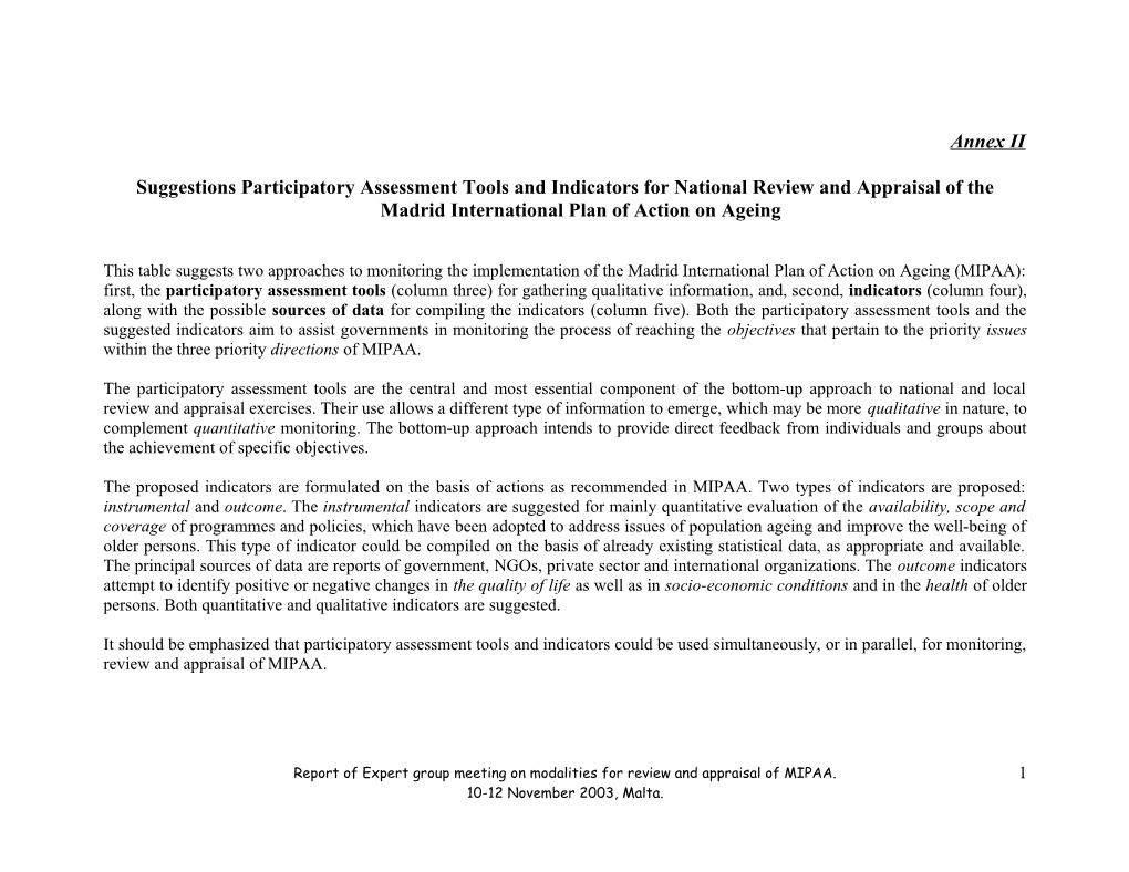 Suggestions Participatory Assessment Tools and Indicators for National Review and Appraisal