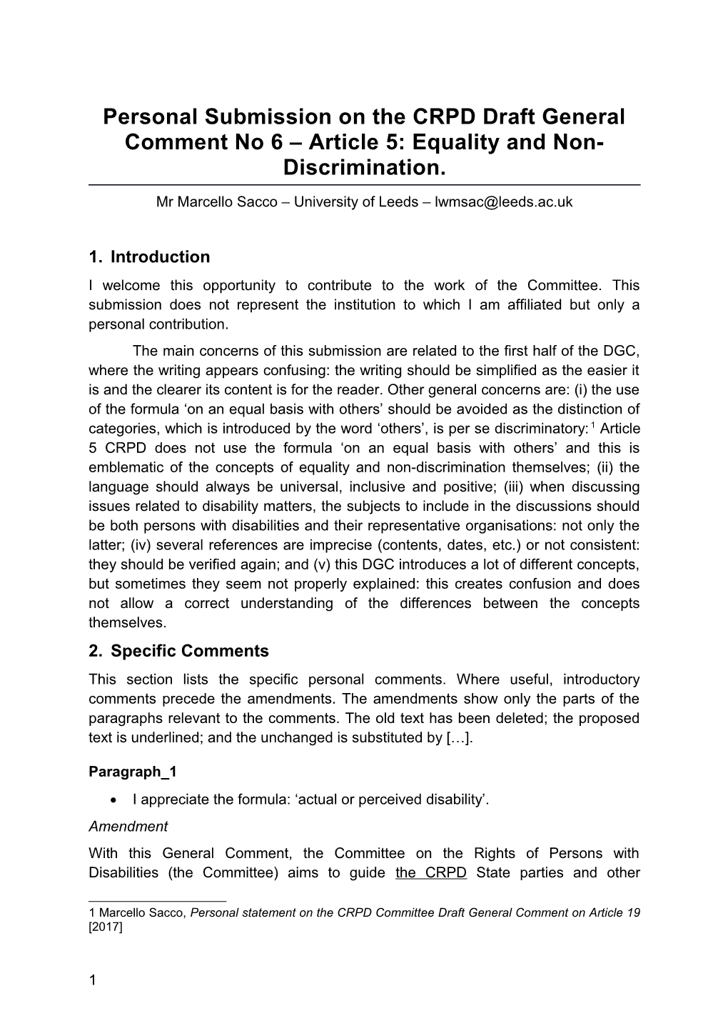 Personal Submission on the CRPD Draft General Comment No 6 Article 5: Equality And