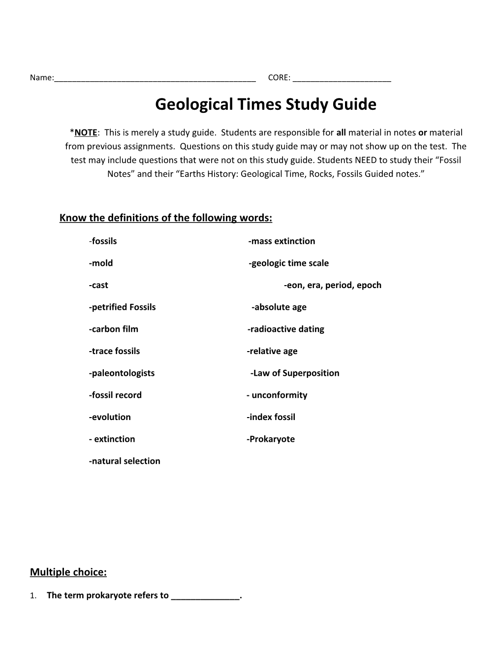 Geological Times Study Guide