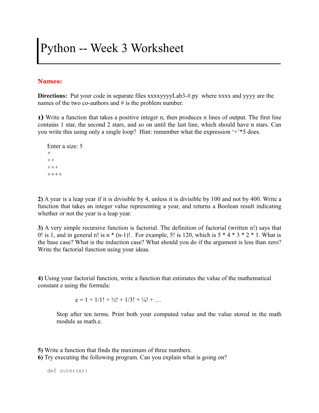 Python Week 3 Worksheet