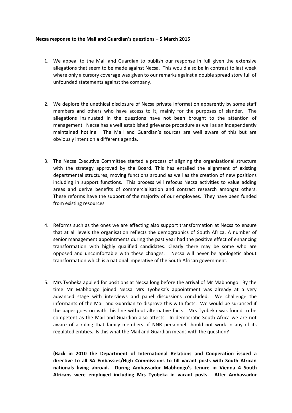 Necsa Response to the Mail and Guardian S Questions 5 March 2015