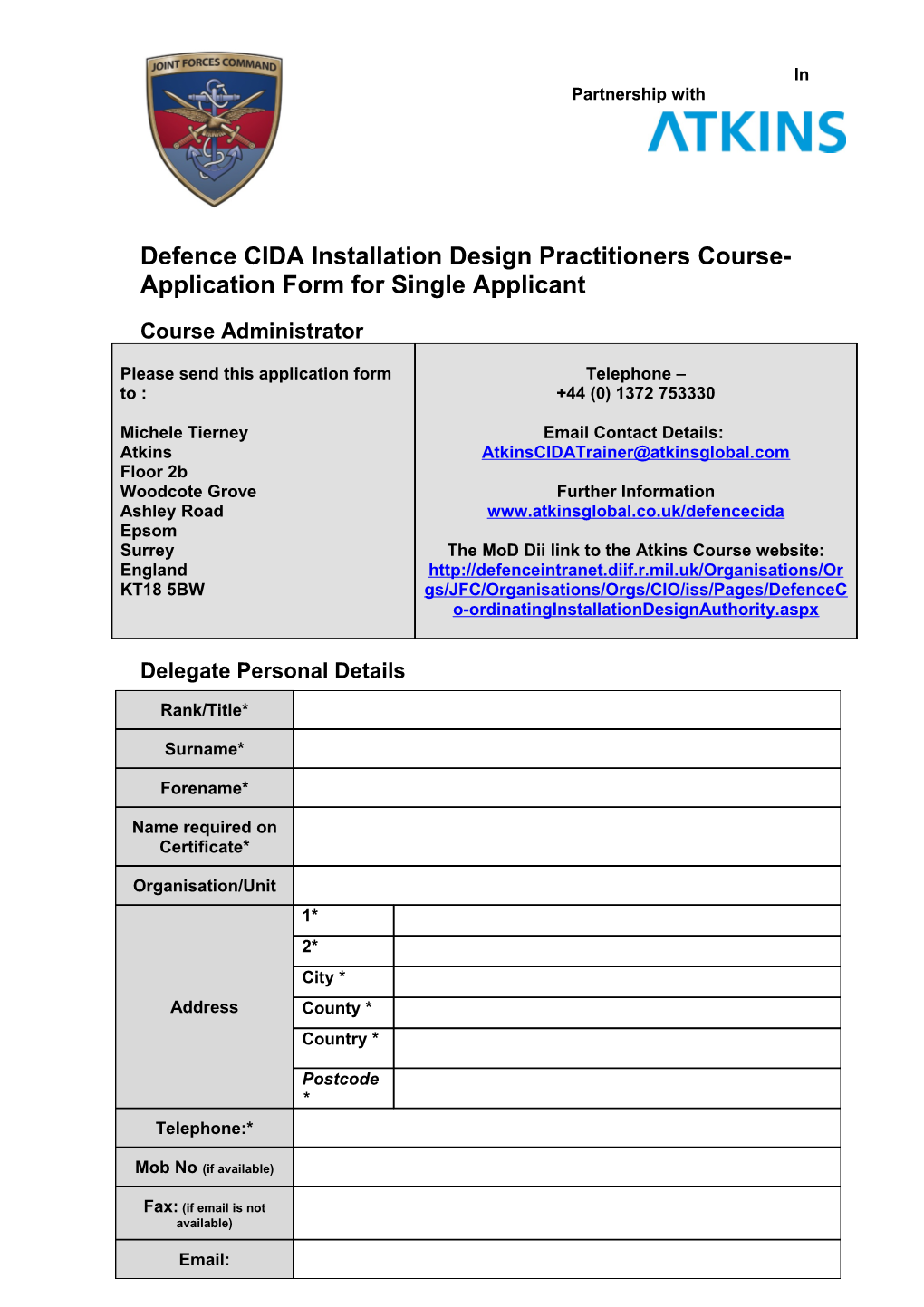 Defence Installation Design Course Application Form