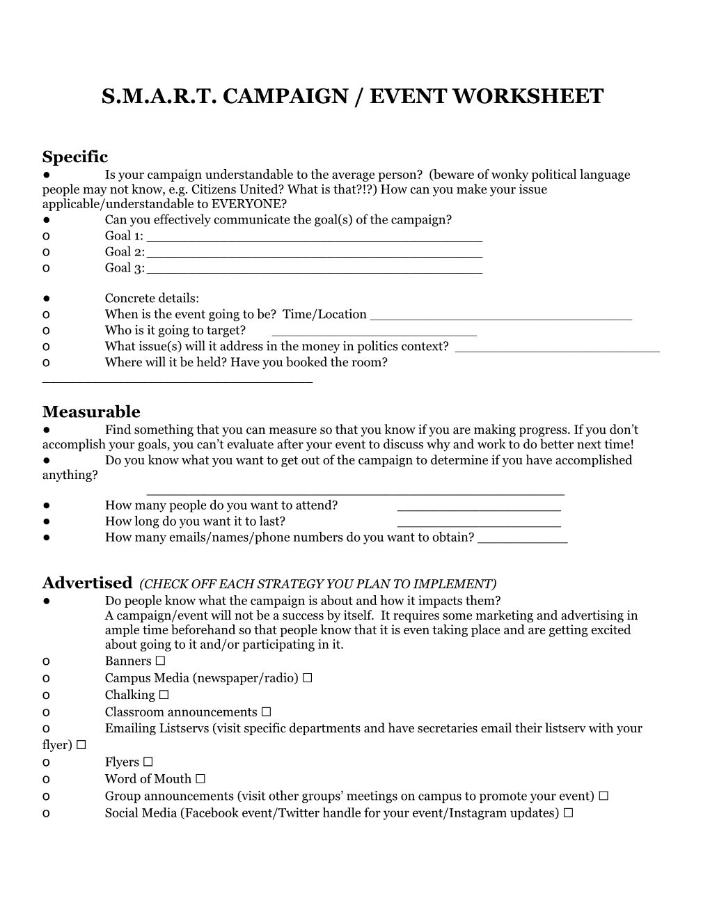 S.M.A.R.T. Campaign / Event Worksheet