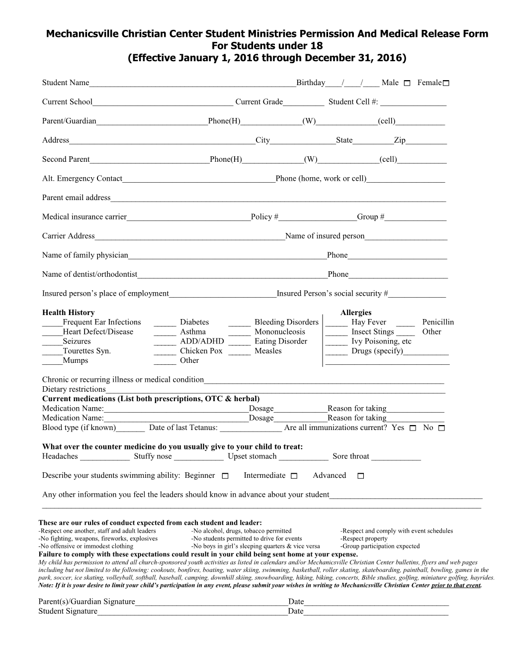 Mechanicsville Christian Center Student Ministries Permission and Medical Release Form