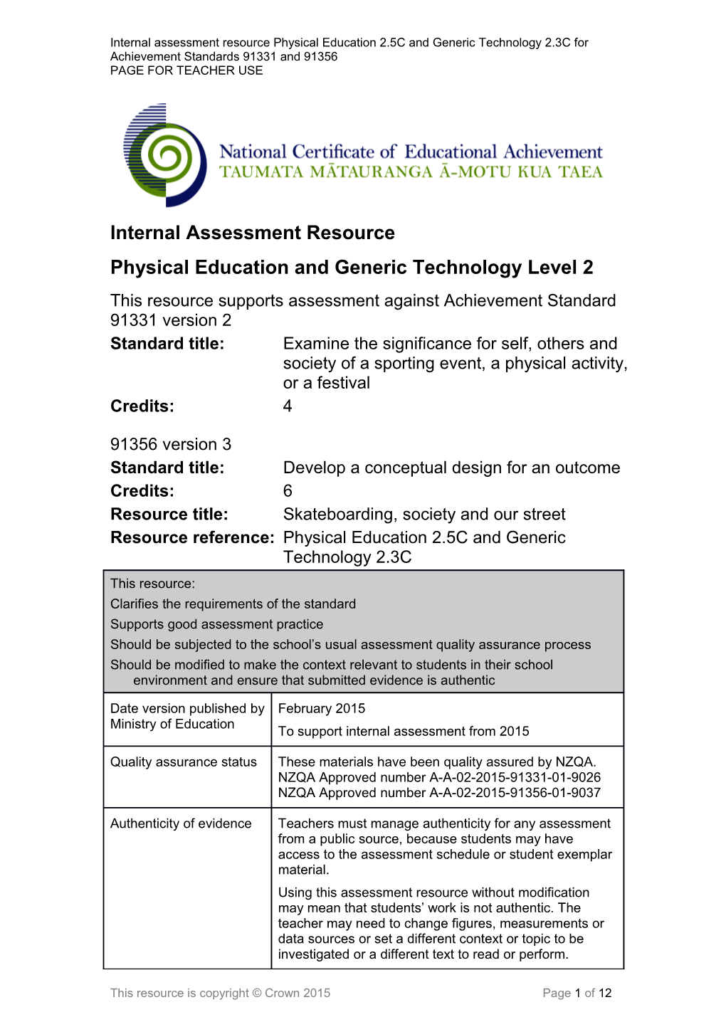 Internal Assessment Resource PE and Gentech Level 2