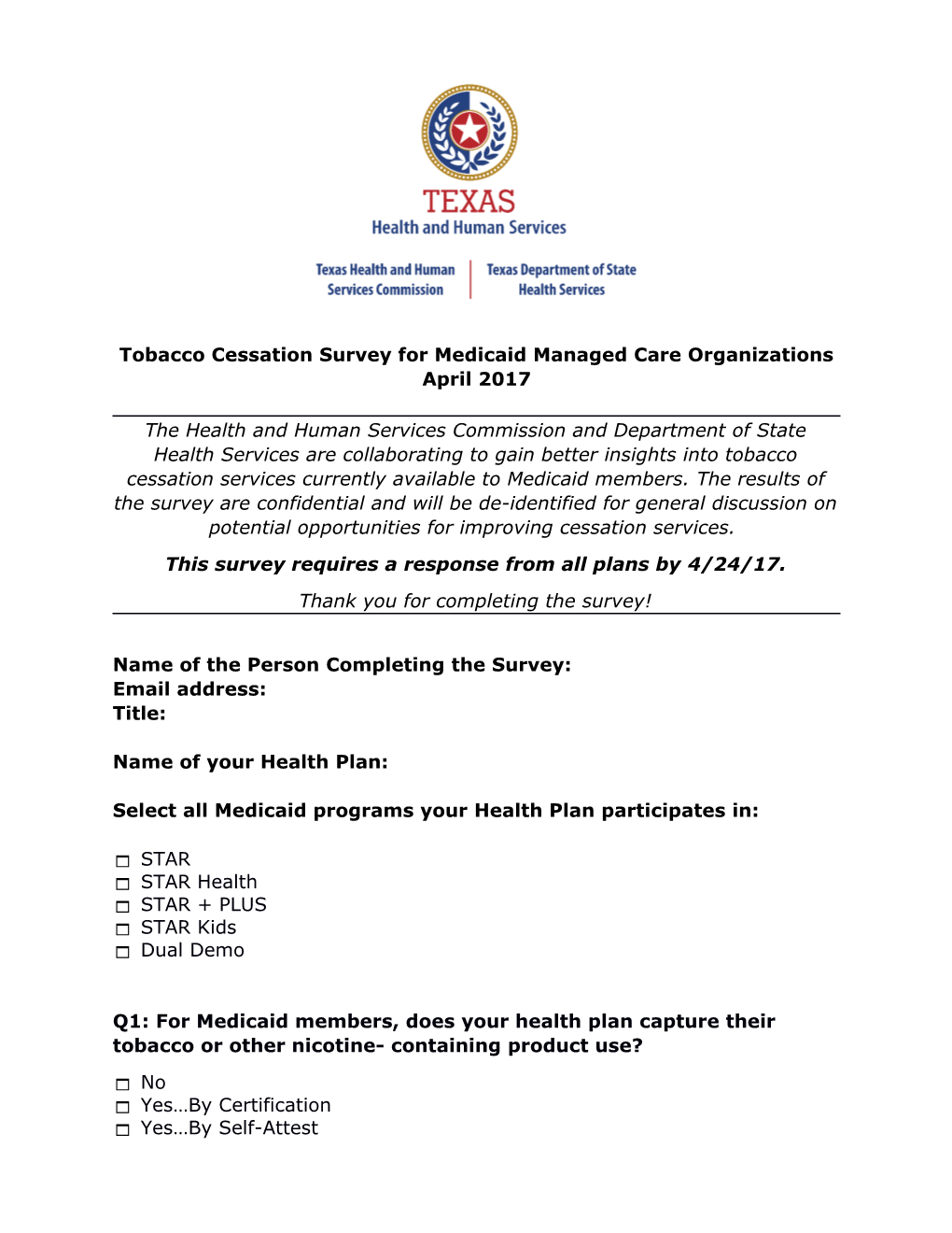 Tobacco Cessation Survey for Medicaid Managed Care Organizations