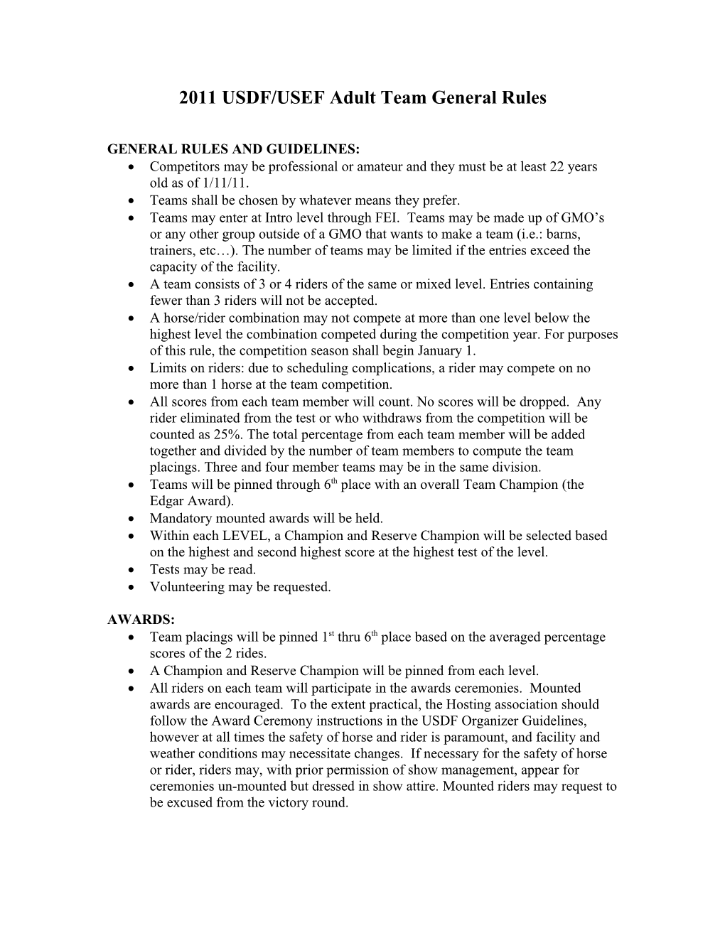 2011 USDF/USEF Adult Team General Rules