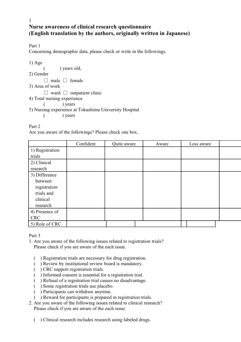Nurse Awarenessof Clinicalresearch Questionnaire