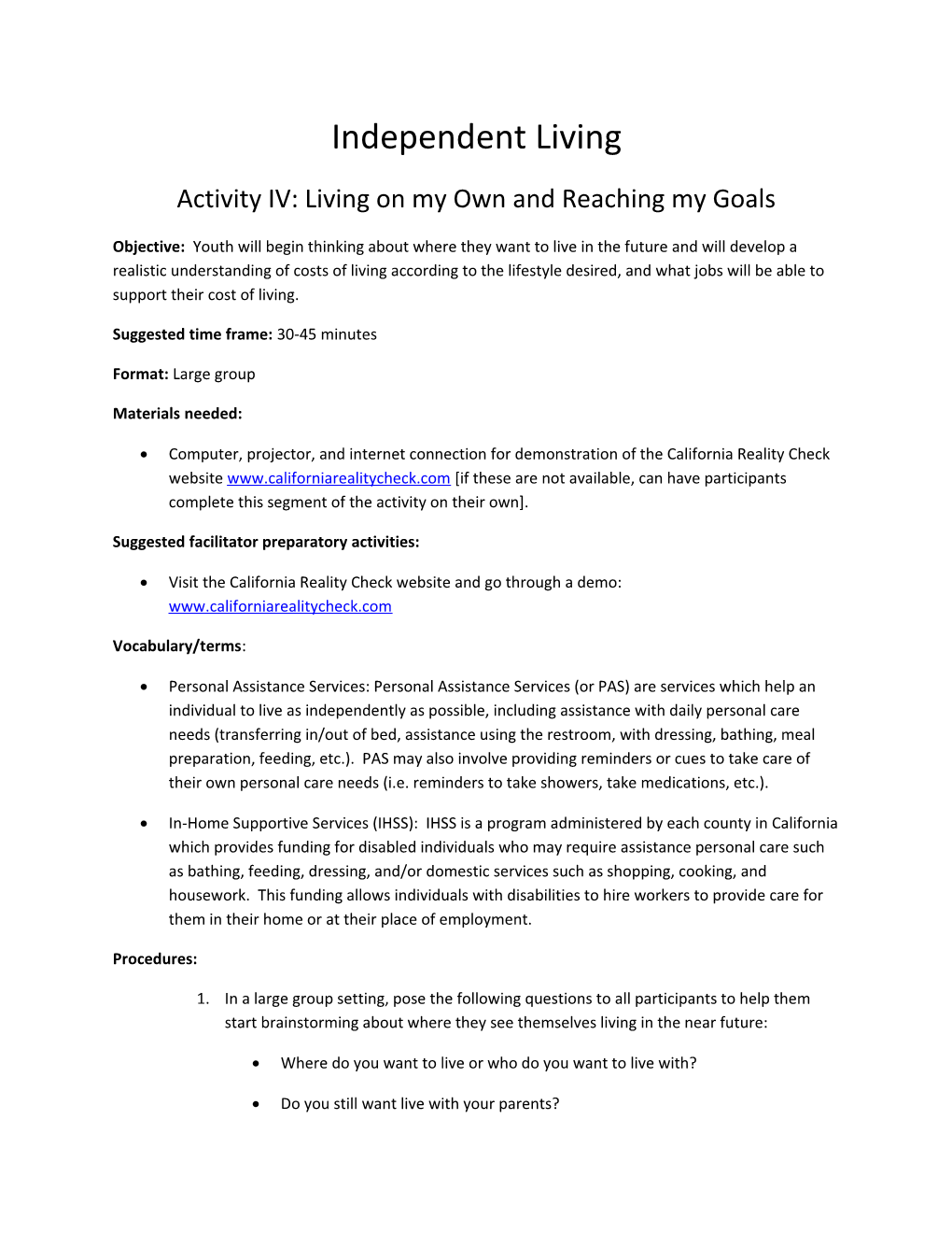 Activity IV: Living on My Own and Reaching My Goals