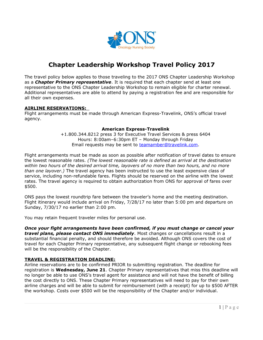 Chapter Leadership Workshop Travel Policy 2017