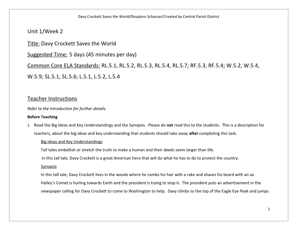 Davy Crockett Saves the World/Rosalynn Schanzer/Created by Central Parish District