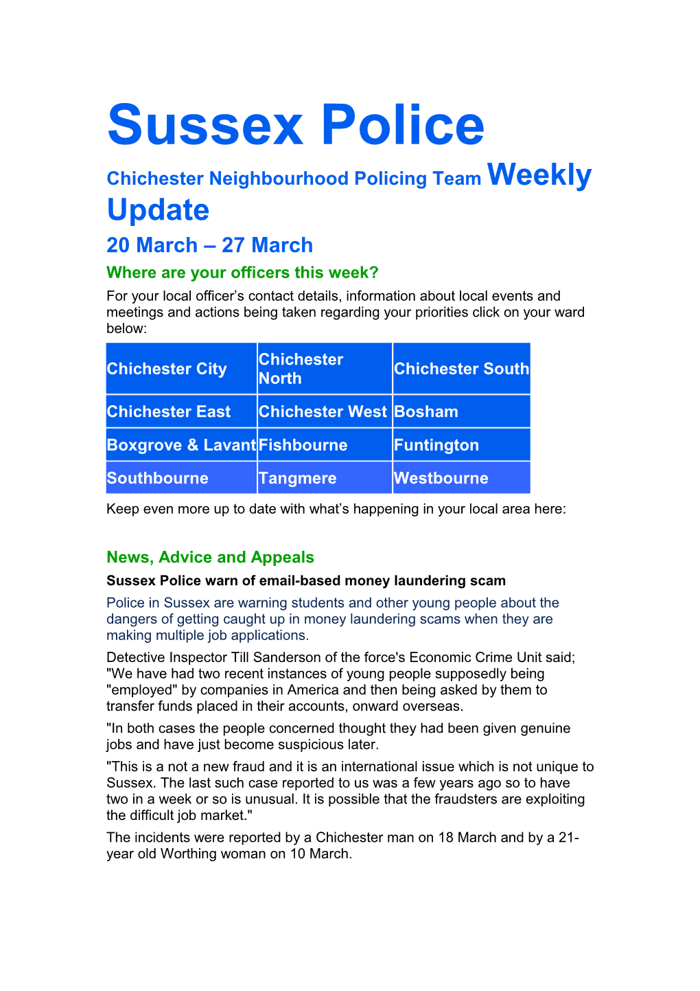 Sussex Police Chichester Neighbourhood Policing Team Weekly Update
